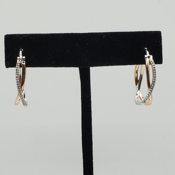 10K Rose Gold and Sterling Silver Pave Diamond Crossover Hoops - Picture 12 of 16